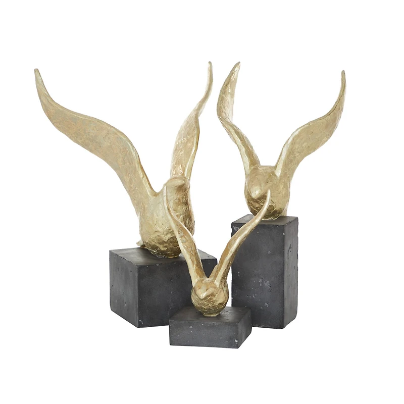 Set of 3 Gold Polystone Birds Sculpture 14", 15", 9"