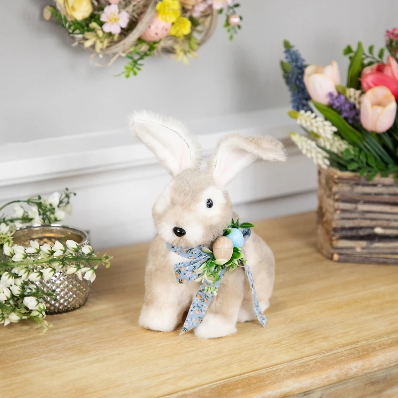 8" Plush Rabbit with Floral Bow Easter Figurine