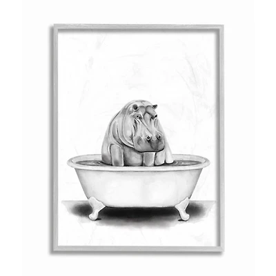 Stupell Industries Black & White Hippo In A Tub with Gray Frame Wall Accent