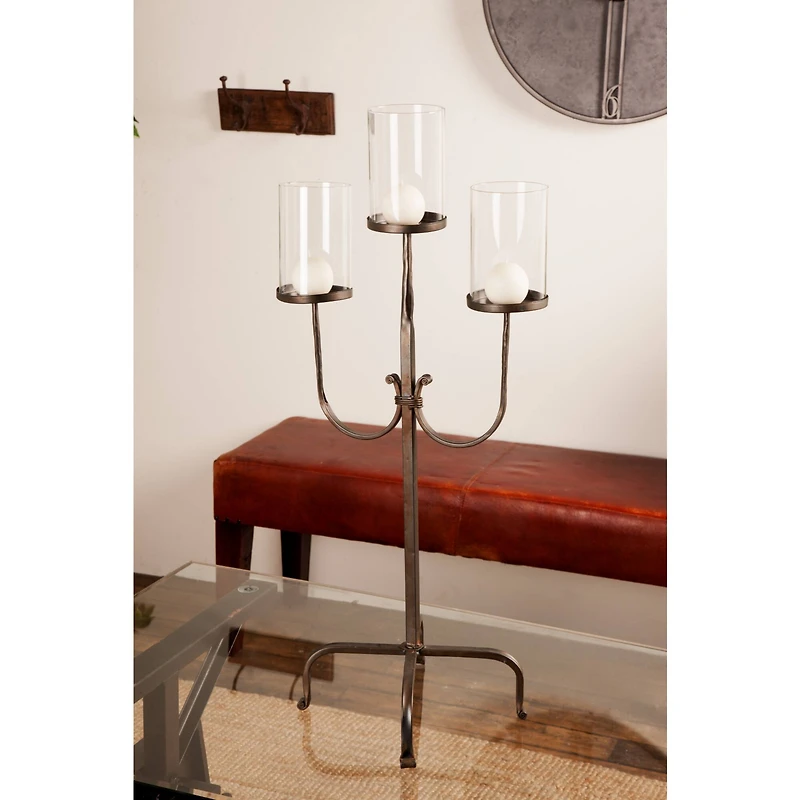 Traditional Black Metal and Glass 3-Light Candelabra, 28" x 15" x 12"