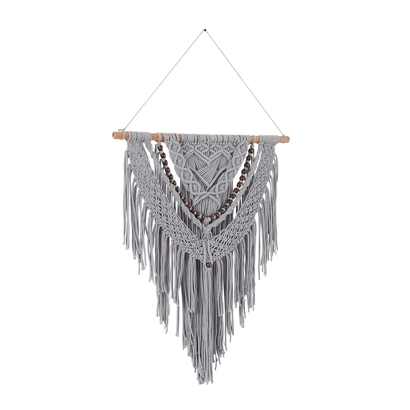 Gray Cotton Handmade Intricately Weaved Macrame Wall Decor with Beaded Fringe Tassels 27" x 1" x 42"