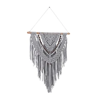 Gray Cotton Handmade Intricately Weaved Macrame Wall Decor with Beaded Fringe Tassels 27" x 1" x 42"