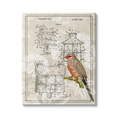 Stupell Industries Vintage Bird House Figure Patent Garden Finch Illustration Canvas Wall Art