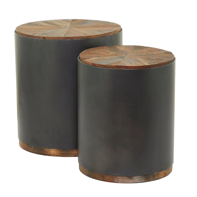 Black Metal Accent Table with Brown Wood Top Set of 2 21", 19"