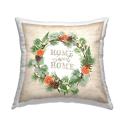 Stupell Industries Sweet Home Vintage Cursive Script Wreath Throw Pillow, 18" x 18"