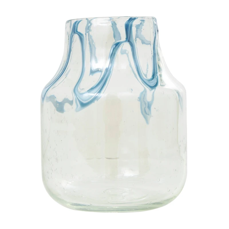 10" Cream with Wavy Blue Design Abstract Glass Vase
