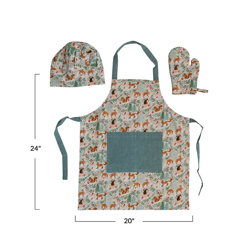 Hello Honey® Cotton Child Woodland Flora & Fauna Pattern Apron Set