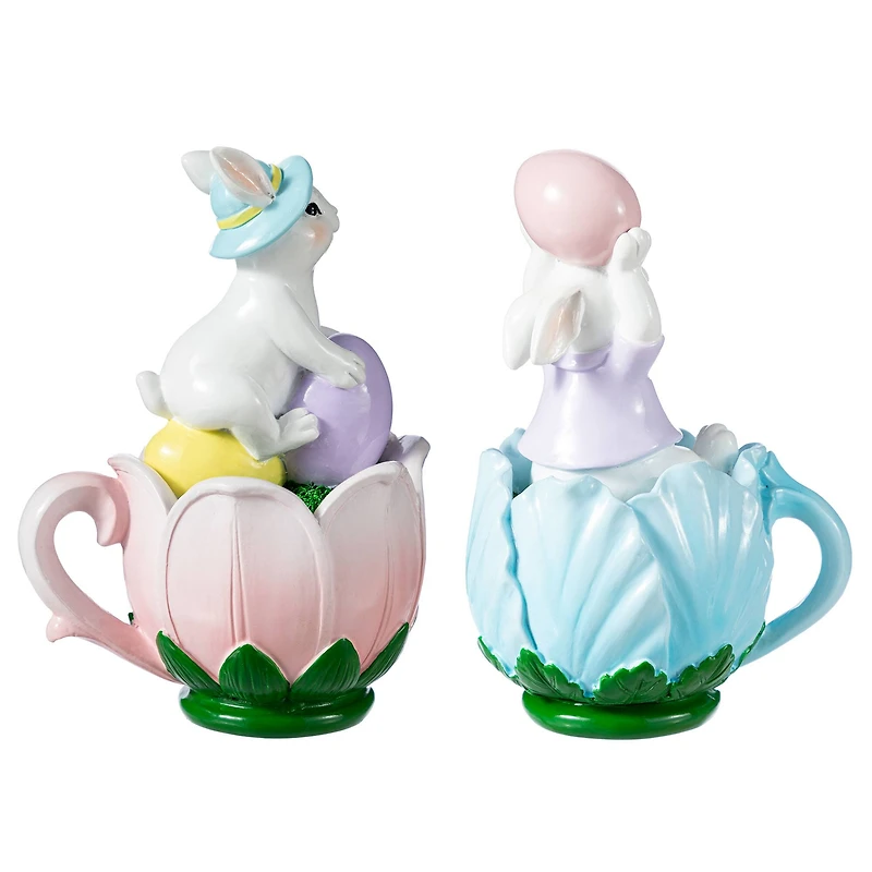 Glitzhome® Set of 2 Easter Resin Bunny on Tulip Mug Table Decor