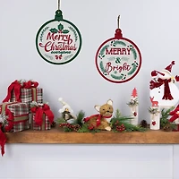 Merry and Bright Ornament Style Metal Christmas Wall Signs - 14" - Red and Green - Set of 2