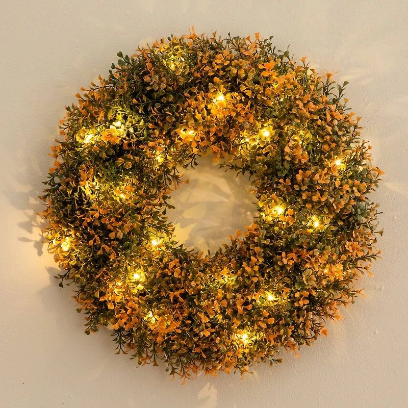 18in. Pre-Lit Autumn Boxwood Artificial Fall Wreath with 25 Warm White LED Lights