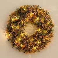 18in. Pre-Lit Autumn Boxwood Artificial Fall Wreath with 25 Warm White LED Lights