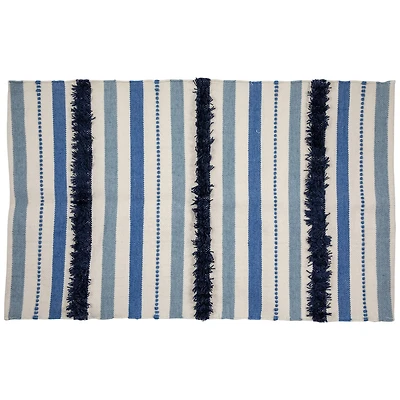 Blue, Cream & Black Striped Handloom Woven Outdoor Throw Rug, 3.5ft.x 2ft.