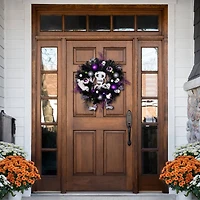 24'' Unlit Purple and Black Spooky Skeleton Pine Halloween Wreath