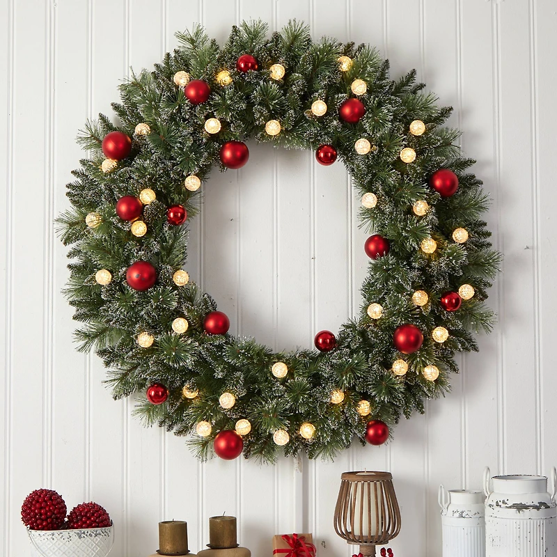 4ft. Oversized Pre-Lit Frosted Holiday Christmas Wreath with Ornaments