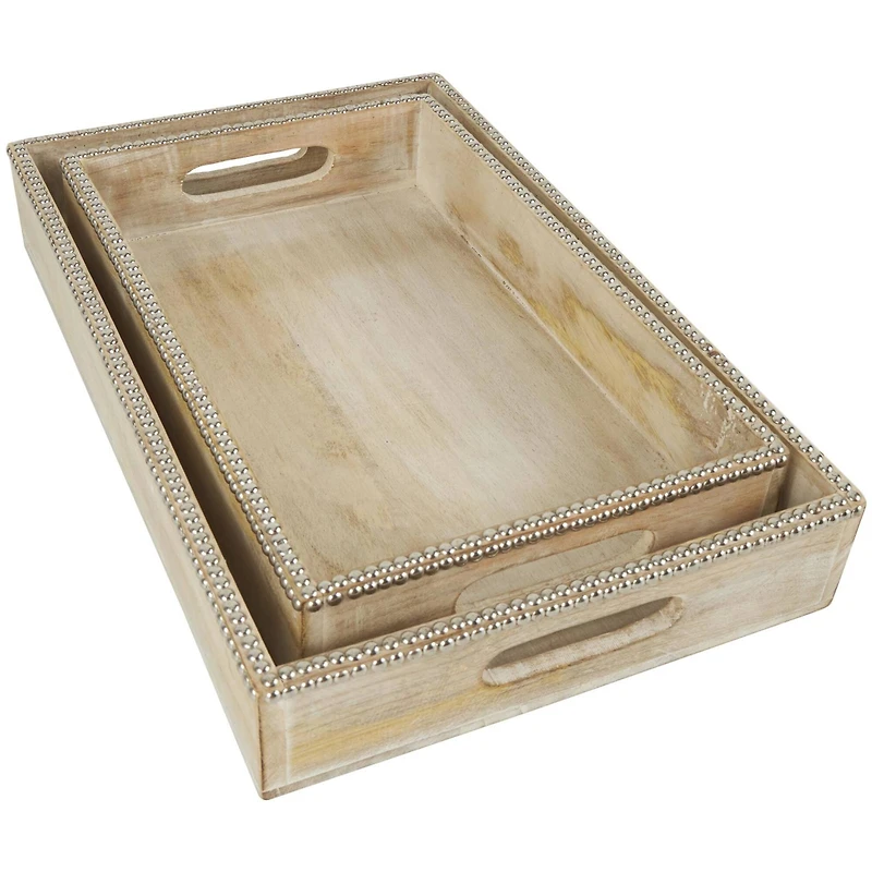Light Brown Mango Wood Trays with Silver Beaded Rim, 2ct.