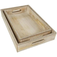 Light Brown Mango Wood Trays with Silver Beaded Rim, 2ct.