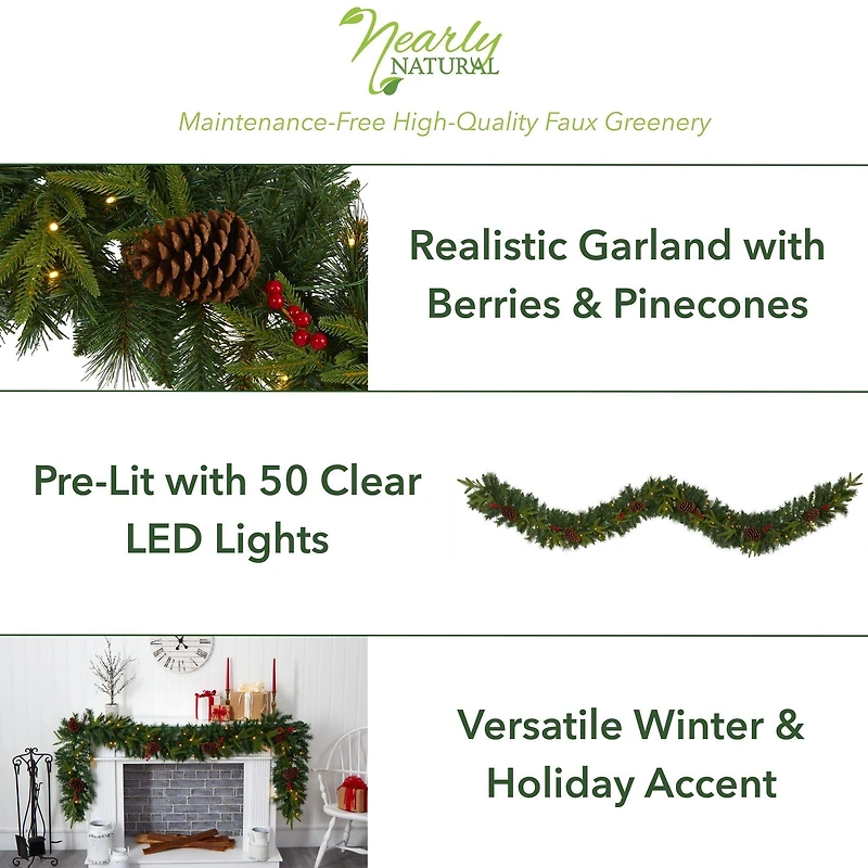 9ft. Pre-Lit Clear LED Mixed Pine, Berry & Pinecone Artificial Christmas Garland