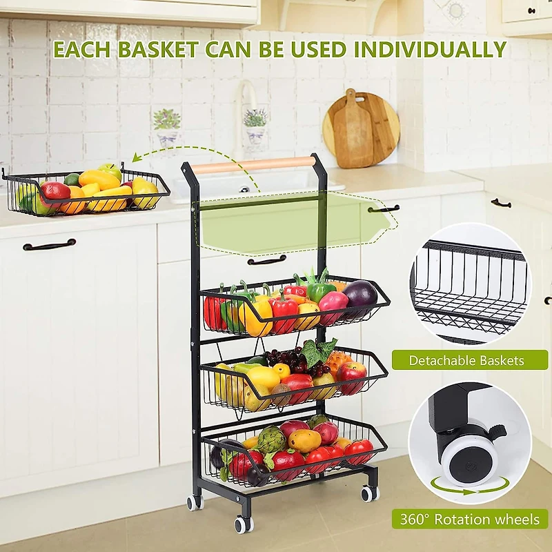 Black 4 Tier Fruit Vegetable Storage Basket Rolling Cart