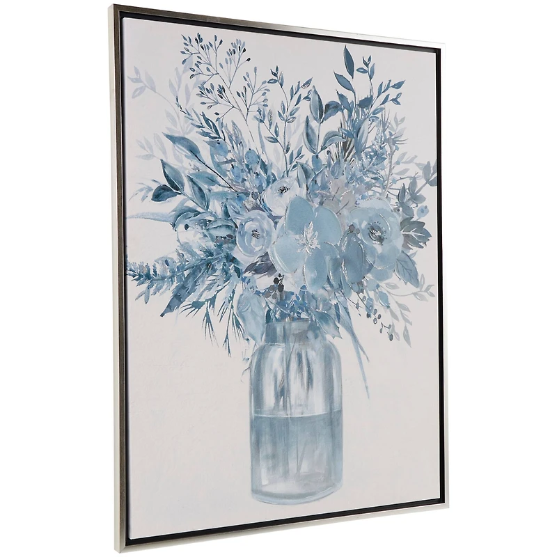 30" x 40" Blue Canvas Floral Bouquet Framed Wall Art with Silver Frame