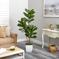 5.5ft. UV Resistant Fiddle Leaf Tree in White Metal Planter