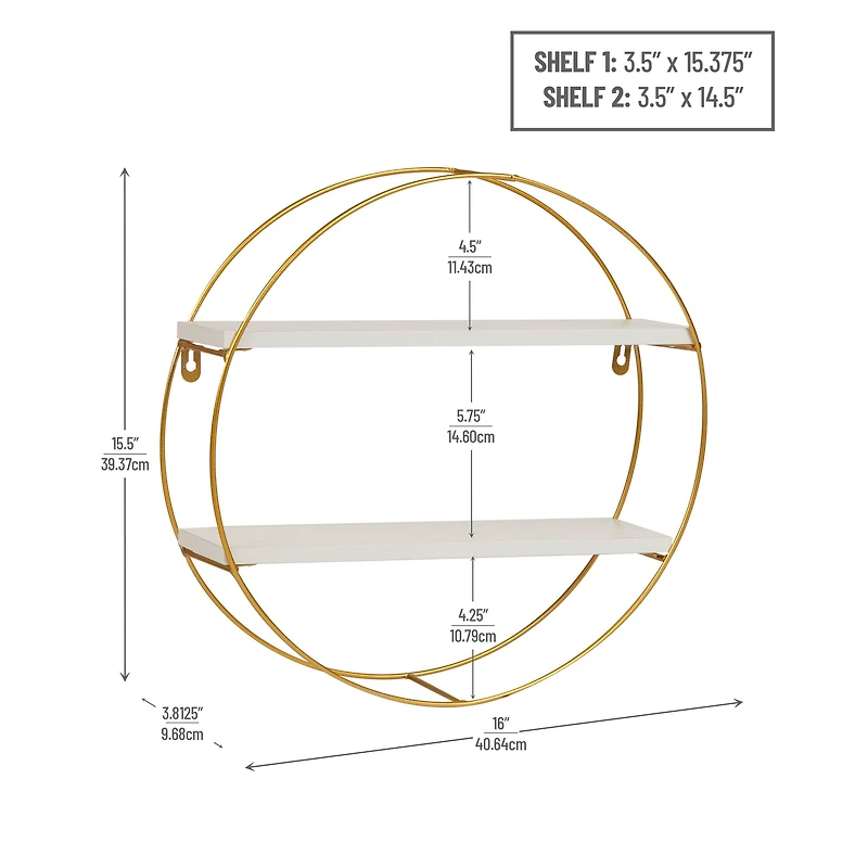 Mind Reader Floating Round Wall Shelves, Gold Metal Frame with Dual White Display Shelves, White
