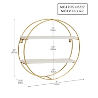 Mind Reader Floating Round Wall Shelves, Gold Metal Frame with Dual White Display Shelves, White