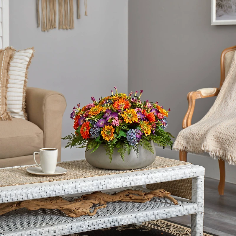 16" Mixed Floral Plant in Gray Garden Planter