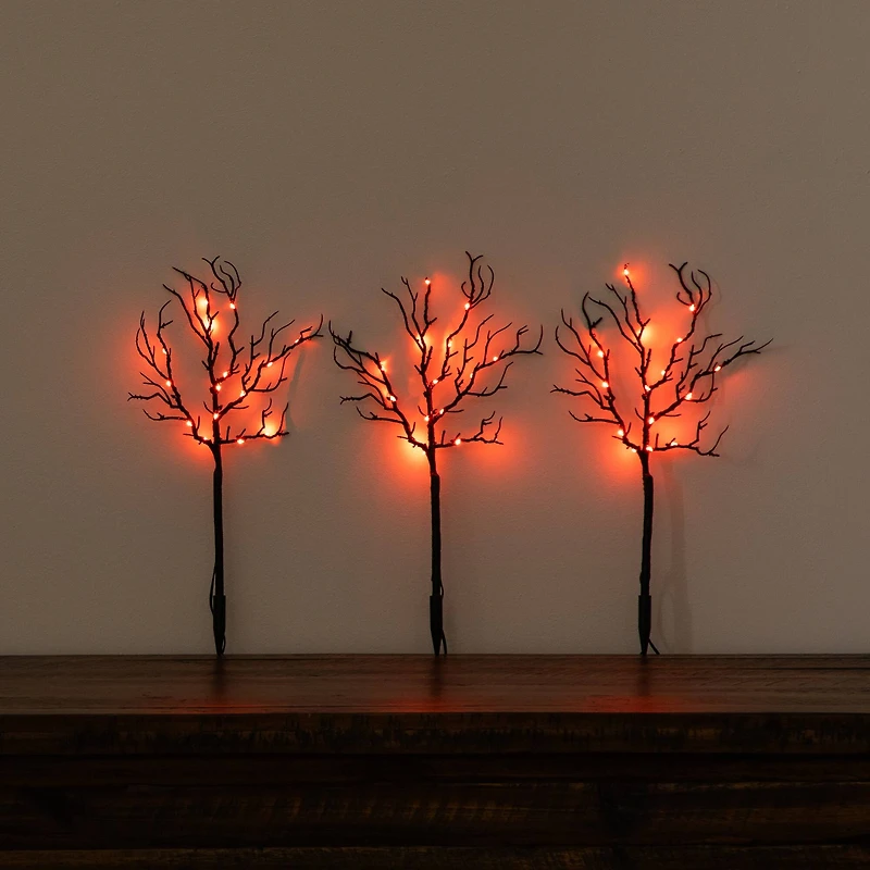 14in. Pre-Lit Artificial Halloween Black Twig Branches with 45 Orange LED Lights and Integrated Ground Stake - Set of 3