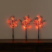 14in. Pre-Lit Artificial Halloween Black Twig Branches with 45 Orange LED Lights and Integrated Ground Stake - Set of 3