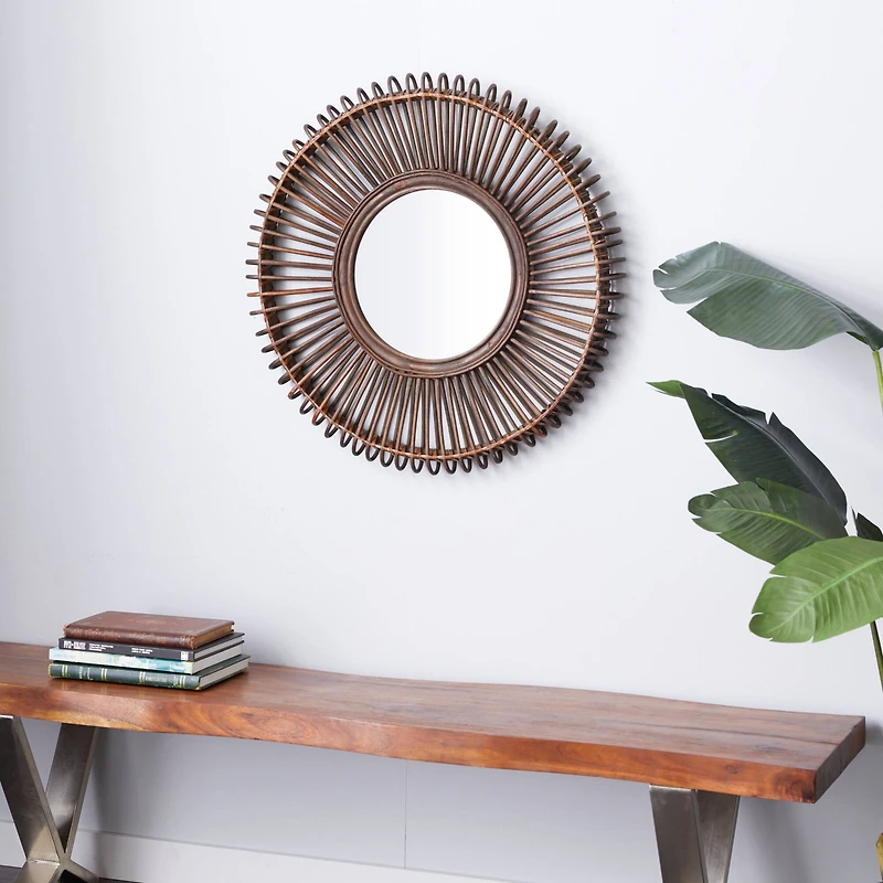 30" Brown Wood Boho Style Wall Mirror