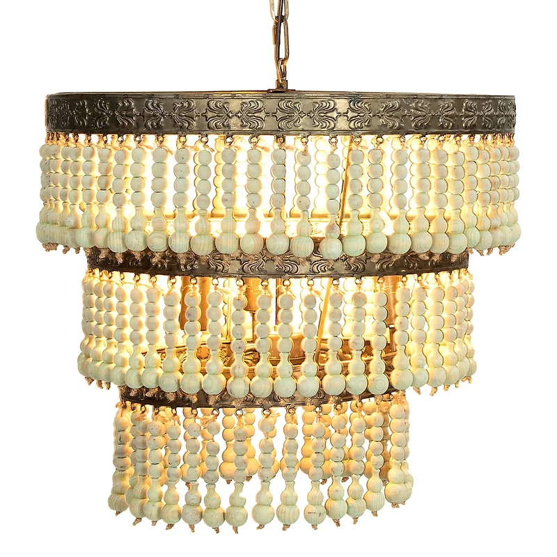 Hello Honey® 21.3" 3-Tier Round Metal Chandelier With 3 Lights & Hanging Wood Beads