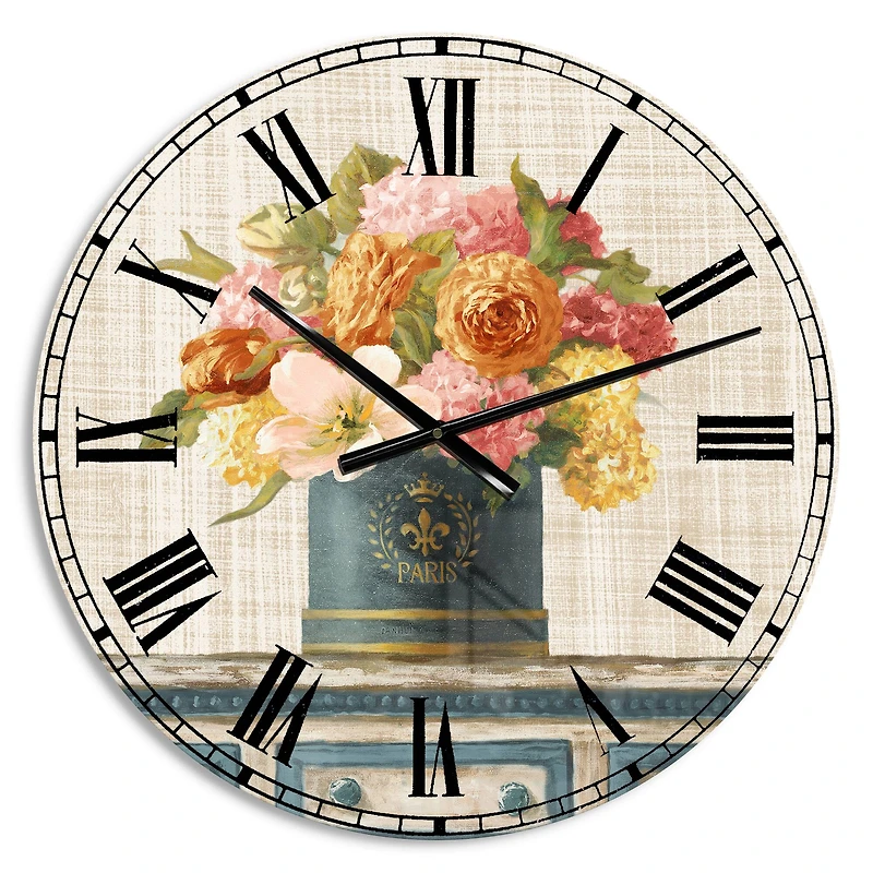 Designart 'Tulips In Teal And Gold Hatbox On Linen Cabin Wall Clock