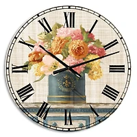 Designart 'Tulips In Teal And Gold Hatbox On Linen Cabin Wall Clock