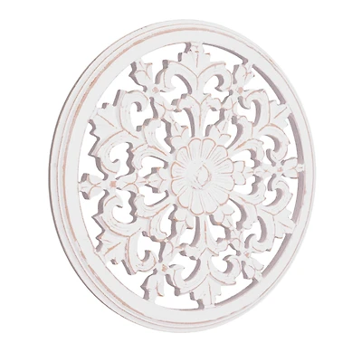 American Art Décor™ 16" White Hand-Carved Floral Latticework Circle Wood Wall Medallion