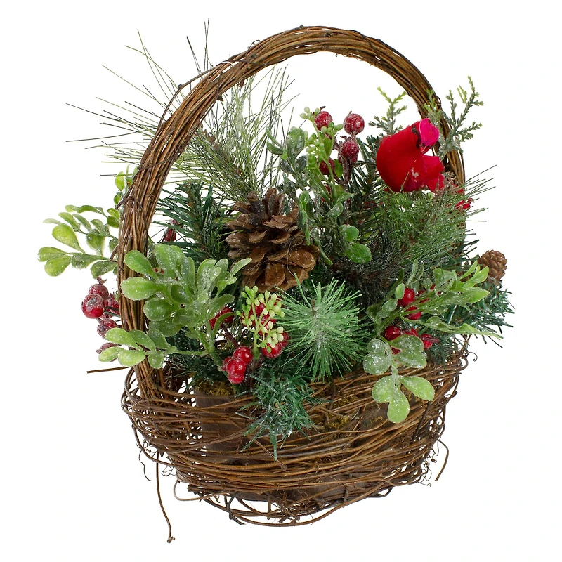 12" Red Cardinal with Foliage in Twig Basket Decoration