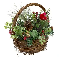 12" Red Cardinal with Foliage in Twig Basket Decoration