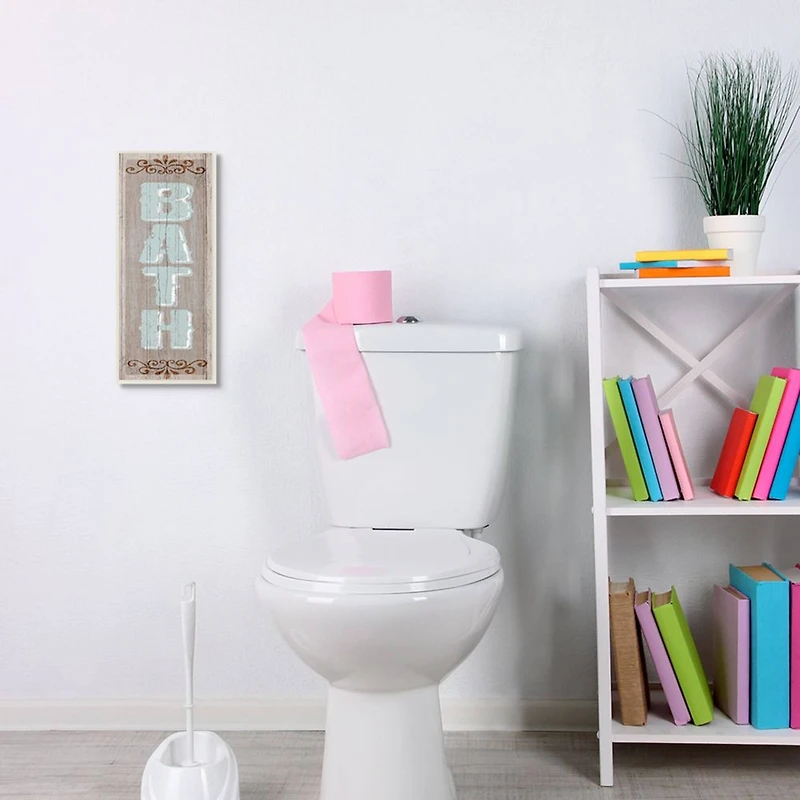 Stupell Industries Rustic Charm Bath Sign Blue Brown Family Bathroom Wood Wall Plaque