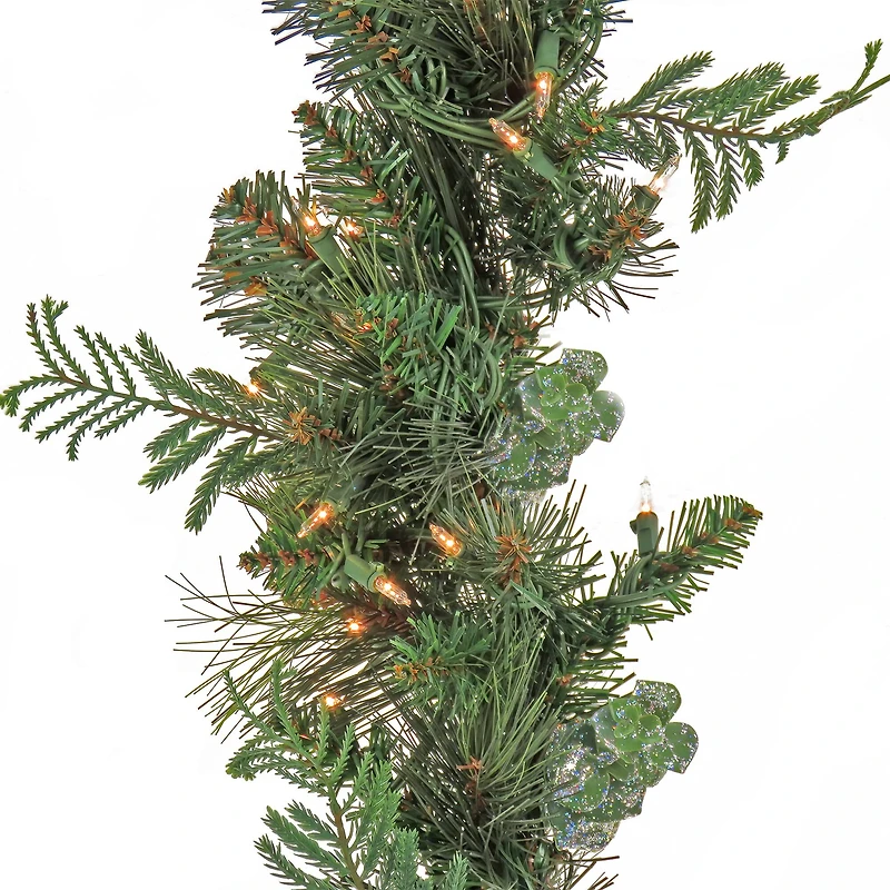 First Traditions™ Collection 9ft. Pre-Lit Artificial North Conway Garland with Glittery Cones & Eucalyptus, 100 Warm White LED Lights