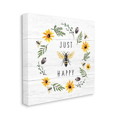 Stupell Industries Just Bee Happy Pun Phrase Yellow Daisy Wreath Canvas Wall Art