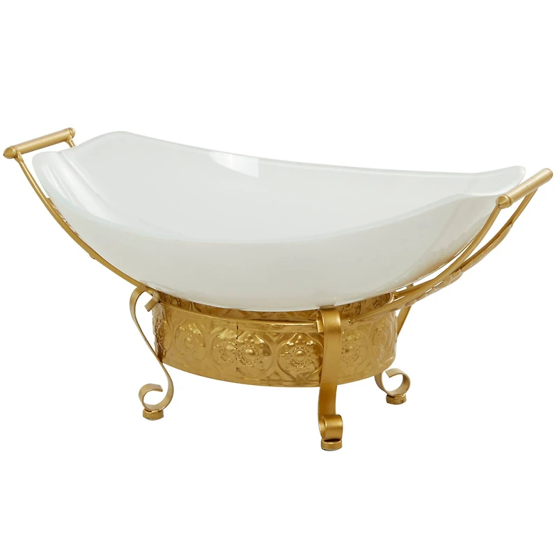 CosmoLiving by Cosmopolitan 24" White Glass Kitchen Serving Bowl with Gold Metal Scroll Stand