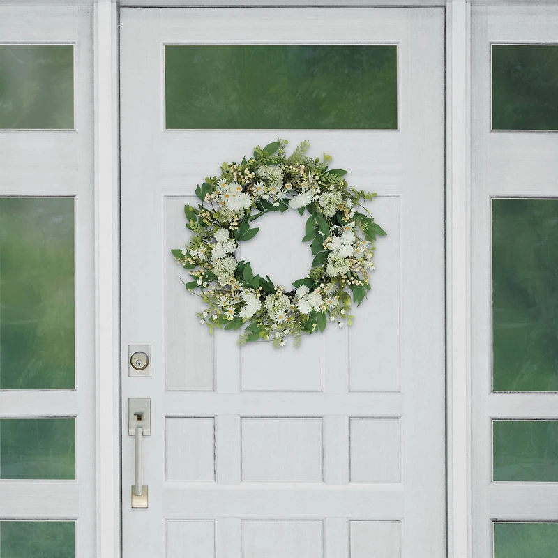 30" White Mum & Daisy Floral Spring Wreath