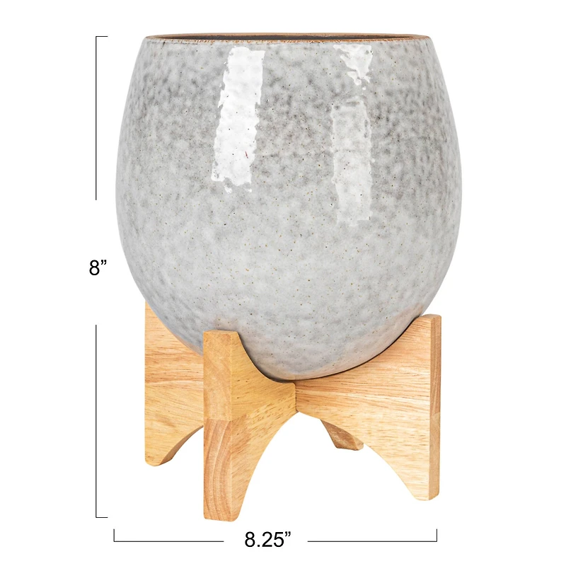 Hello Honey® 8" Gray Reactive Glaze Round Stoneware Planter with Wood Stand