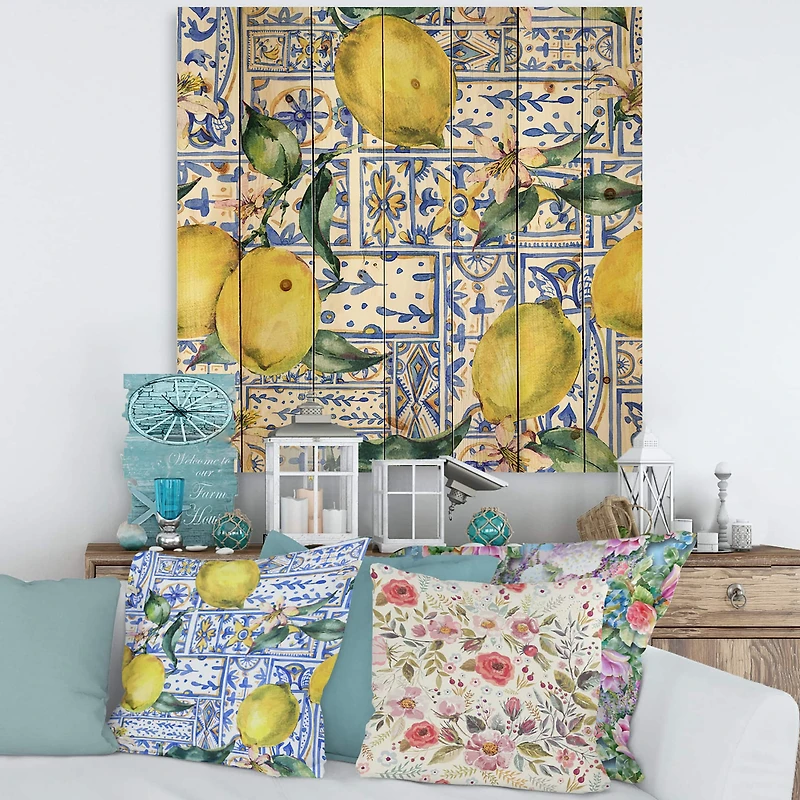 Designart - Lemon Ornament On Blue Geometrical Pattern I