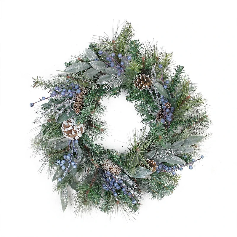 24" Mixed Pine Blueberries & Snowy Pine Cones Artificial Wreath, Unlit