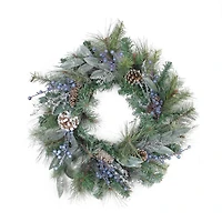 24" Mixed Pine Blueberries & Snowy Pine Cones Artificial Wreath, Unlit