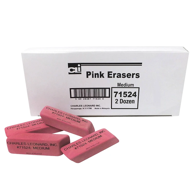 Charles Leonard Natural Rubber Wedge Pink Erasers, Medium, 24/Box