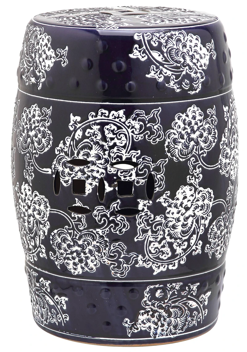 Midnight Flower Garden Stool in Navy & White