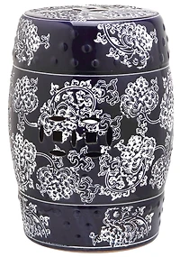 Midnight Flower Garden Stool in Navy & White