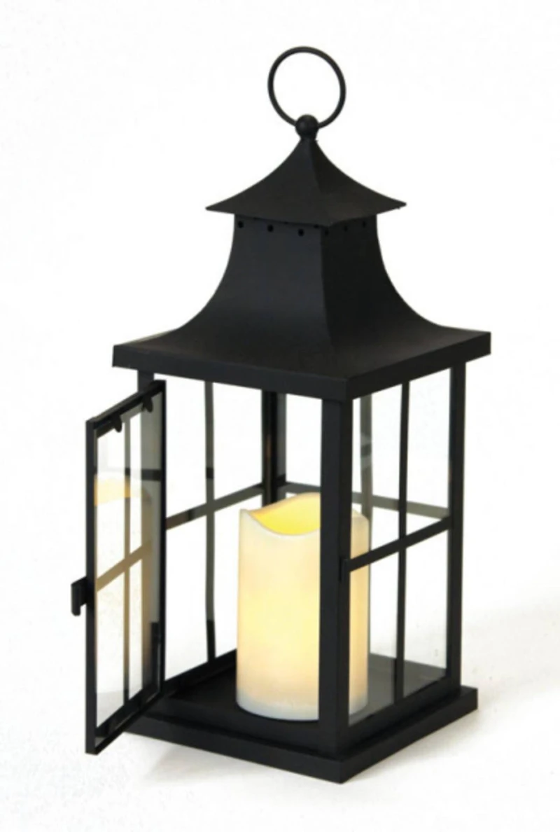 14" Asian Iron Lantern with LED Pillar Candle, Black