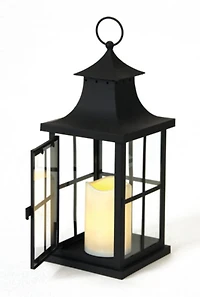 14" Asian Iron Lantern with LED Pillar Candle, Black